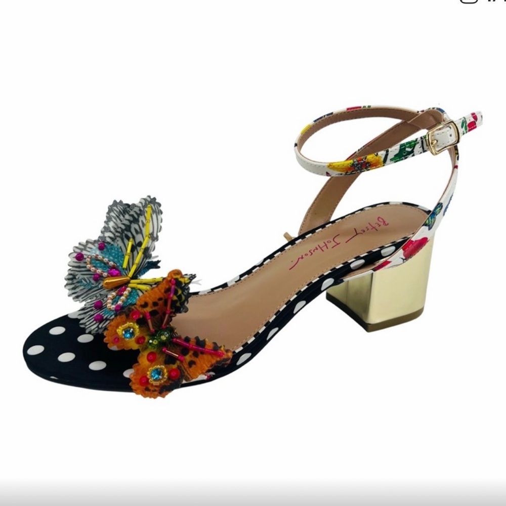 Betsey Johnson Black and Gold Heels with Floral and Butterfly Design Sz 8 New NB